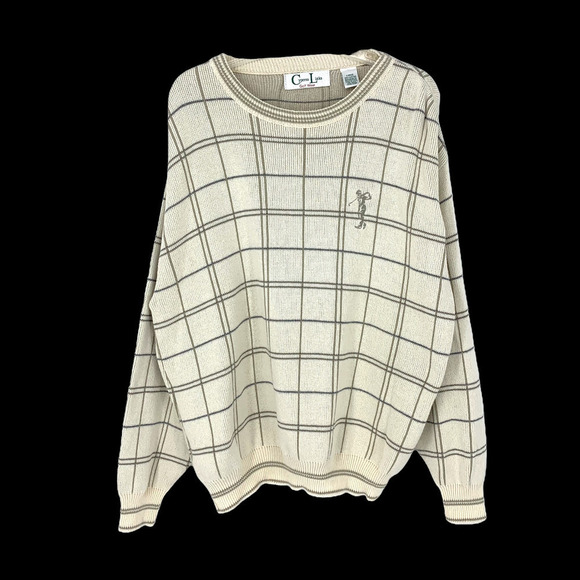 Vintage Cypress Links Knit Golf Sweater Men's Sz L Embroidered Grid Oatmeal Tan - Picture 1 of 5